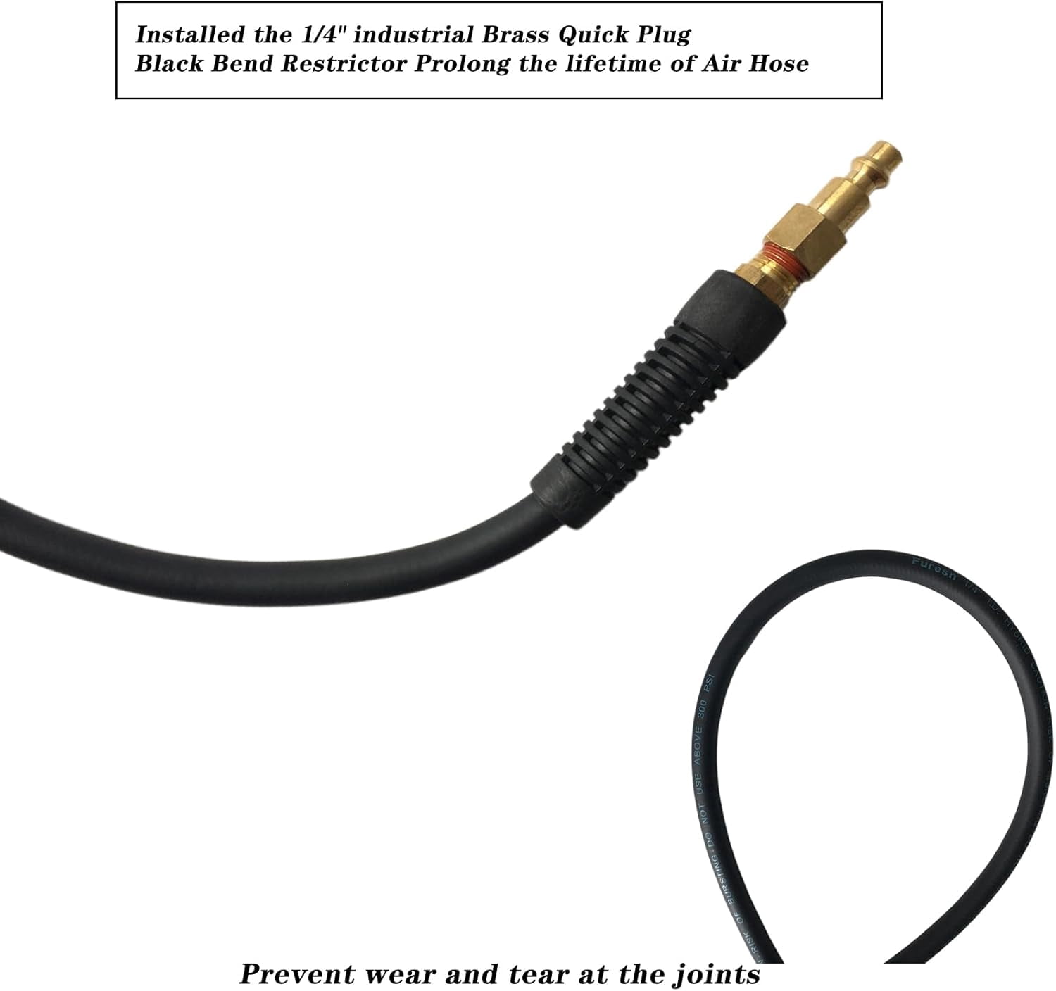 Air Hose 1/4 in x 10 ft, Heavy Duty, Lightweight, Kink Resistant, Hybrid Air Compressor Hose with 1/4 in Solid Brass Male Fittings, Bend Restrictors, 300 PSI (10FT, Black)