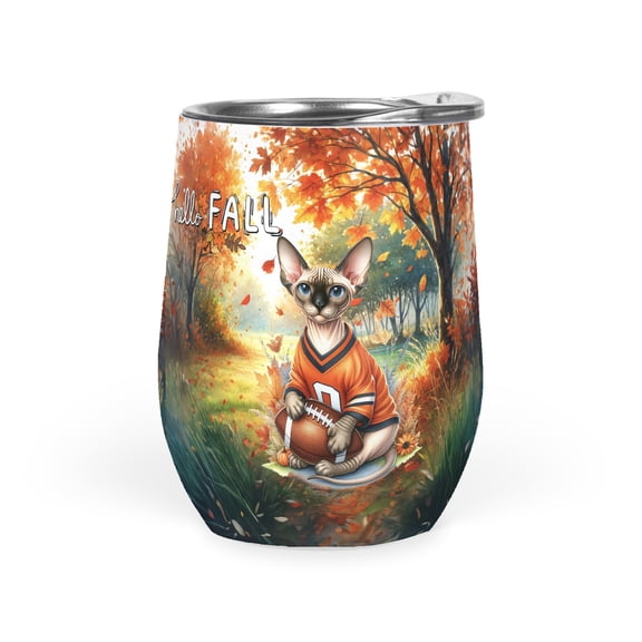 Hello Fall Sphynx Football Welcome Autumn with Leaves Pumpkins 12oz Stainless Steel Wine Tumbler Insulated Cup with Lid Cat Lover Kitten Owner Gifts Idea - 00012