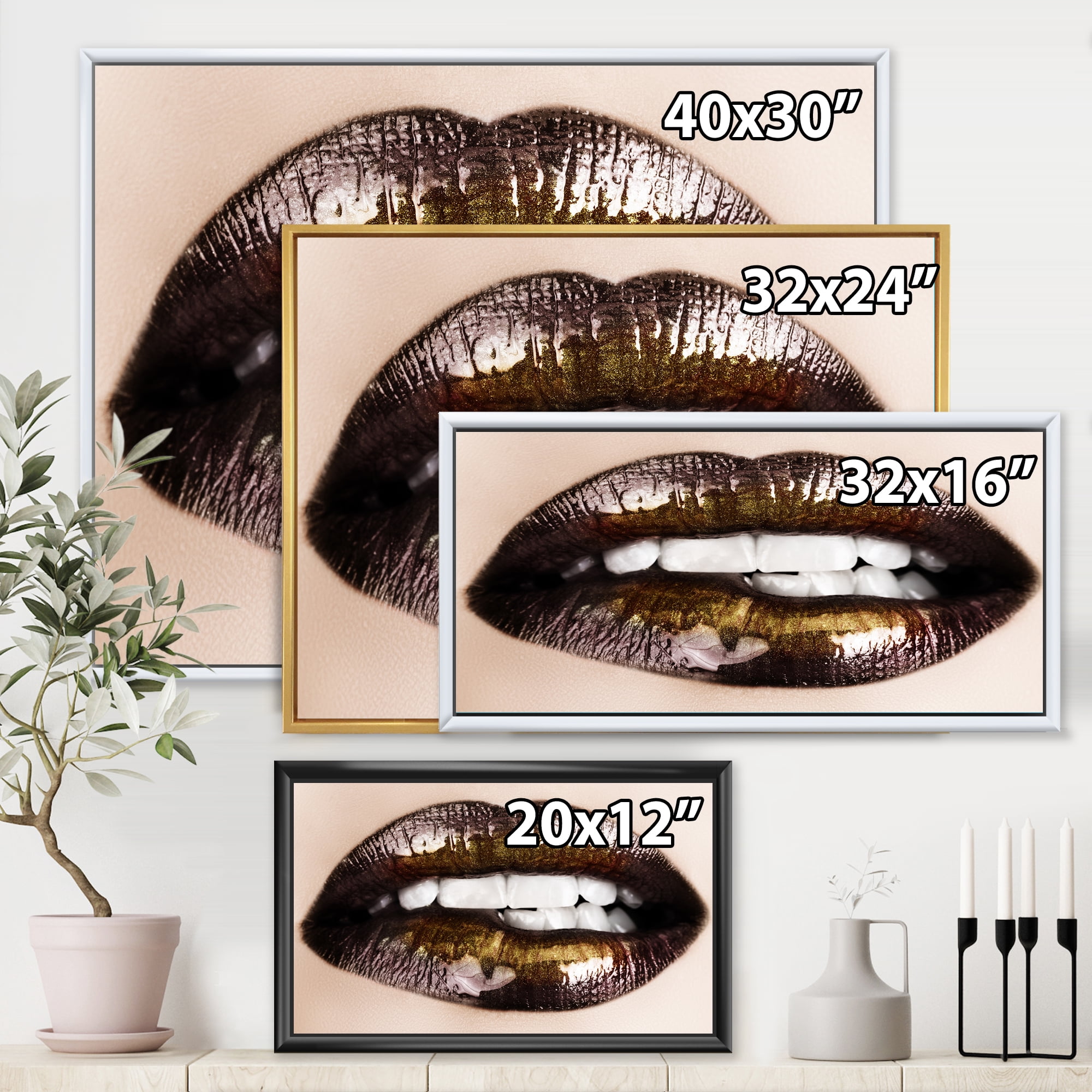 Designart 'Gold Black Lips Biting' Modern Framed Canvas Wall Art Print