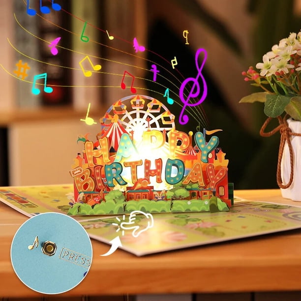 Tarjeta de feliz cumpleaños creativa para marido, niño, esposa, luz y música, 3D, pastel de cumpleaños, vela soplada emergente, tarjeta de felicitación de cumpleaños