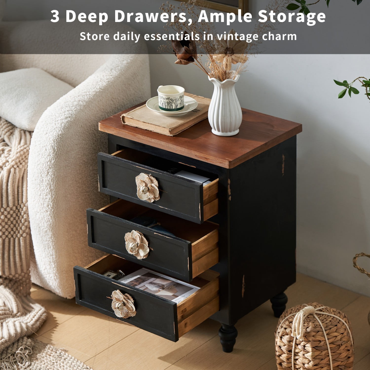 Vintage Farmhouse Nightstand, 3 Drawer Rustic End Table with Floral Knobs and Gourd Legs, Distressed Antique Black Bedside Storage Cabinet for Bedroom Living Room