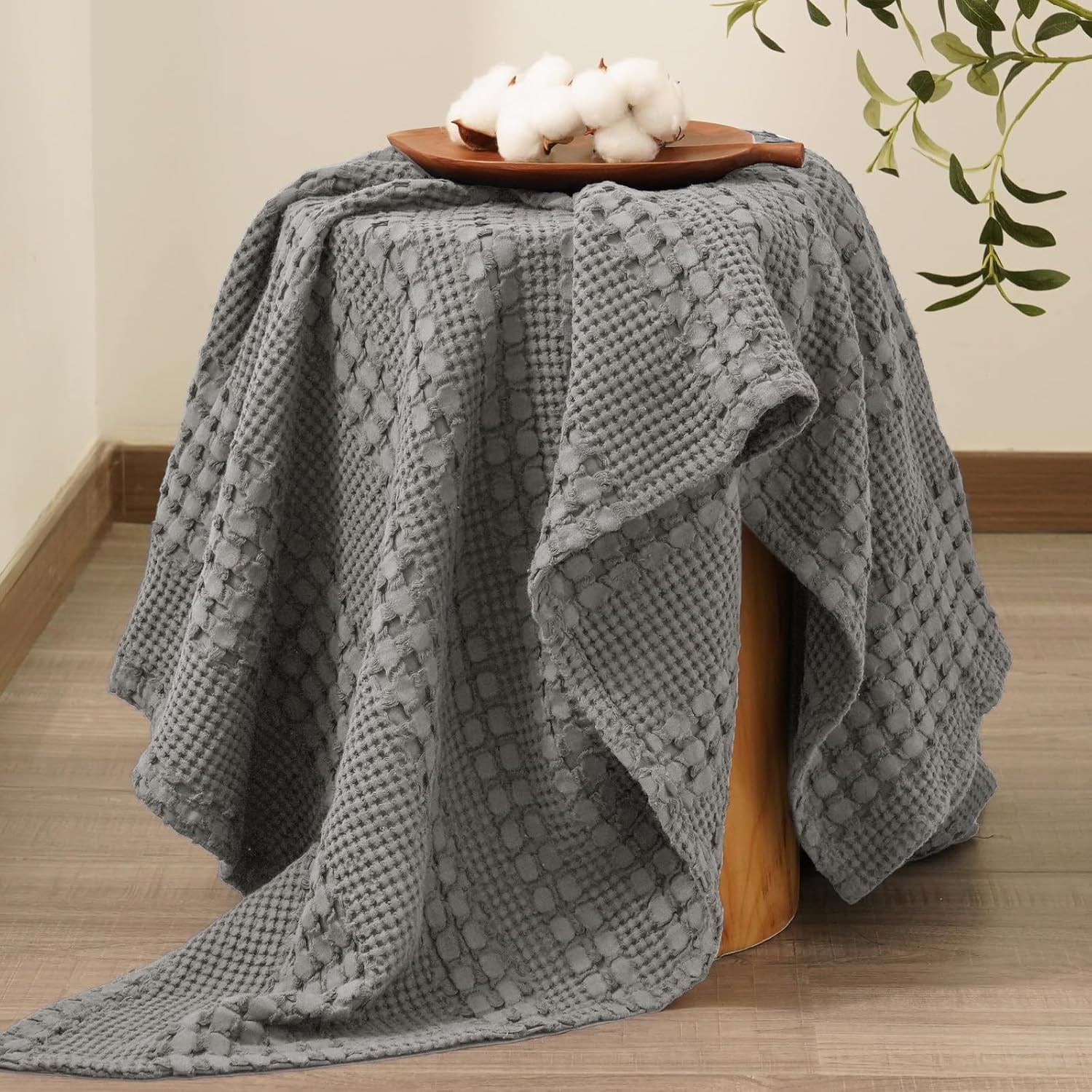 PHF 100% Cotton Waffle Weave Blanket, Lightweight King Washed Blanket for Bed Sofa Home Decor, Dark Grey, 108"x90"