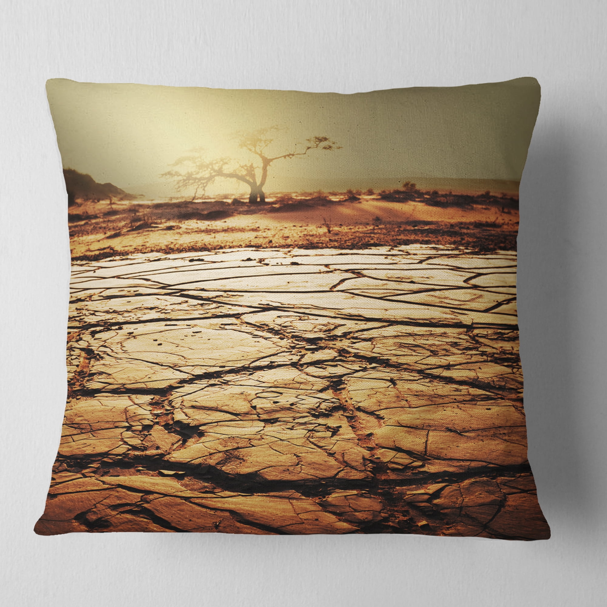 Designart Lonely Tree in Drought Land - African Landscape Printed Throw Pillow - 18x18