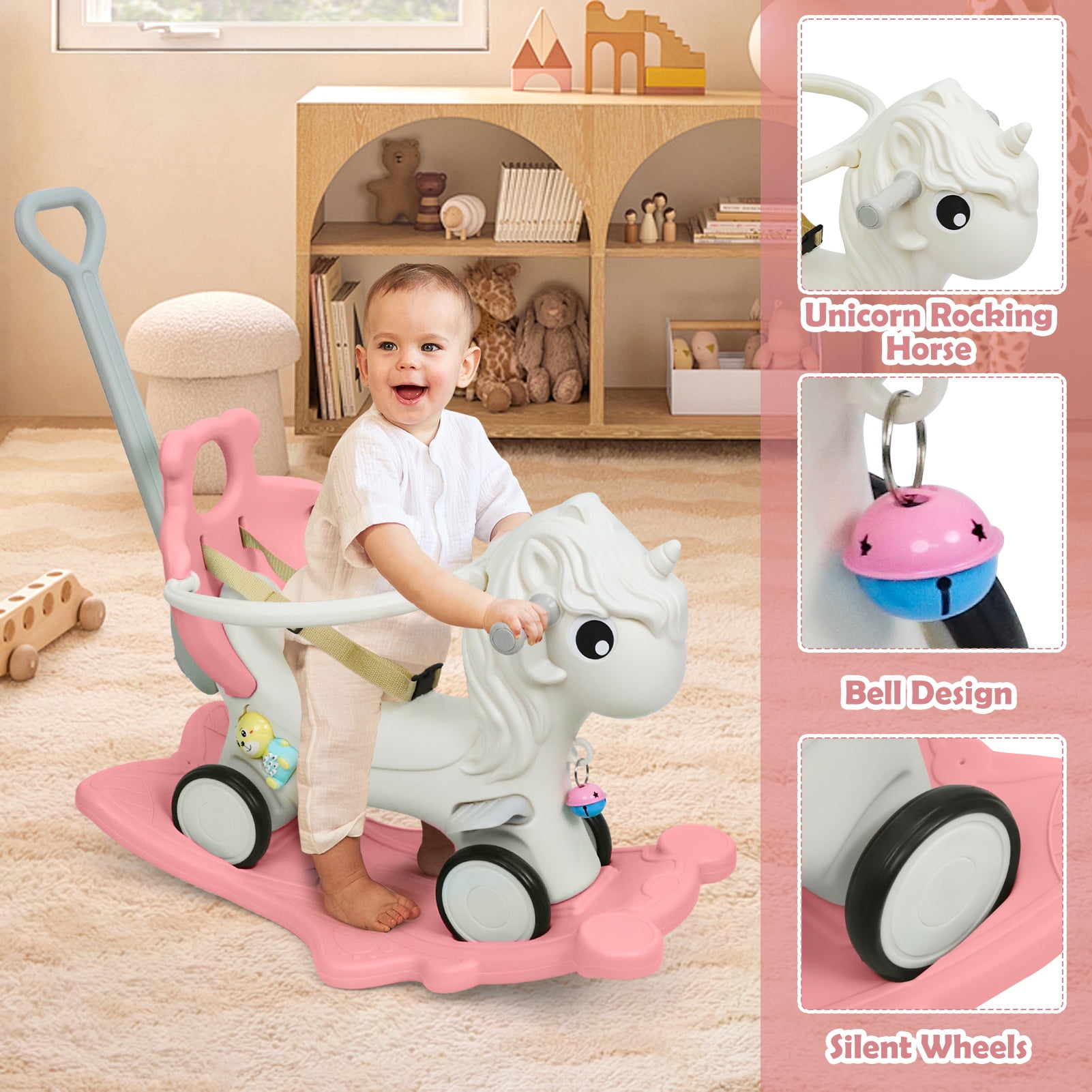 Wdmiya 4 in 1 Rocking Horse for Toddlers 1-3 Years Old, Baby Unicorn Rocking Toy Birthday Gift for Boy and Girl, Ride on Toy with Detachable Balance Board，Balance Bike with Push Handle, Pink