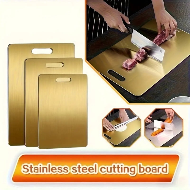 QUTETN 3-Piece Stainless Steel Cutting Board Set – Double Sided with Non-Slip Base & Handle – Dishwasher Safe, Heavy-Duty Kitchen Chopping Mats (Gold)