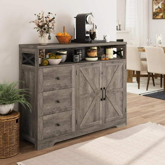 Veanerwood Farmhouse Buffet Storage Cabinet with Drawers & Shelf, Sideboard with Storage, Kitchen Pantry Hutch Cabinet, Coffee Bar Station Cabinet for Kitchen, Dining Room, Livingroom, 47" L Grey