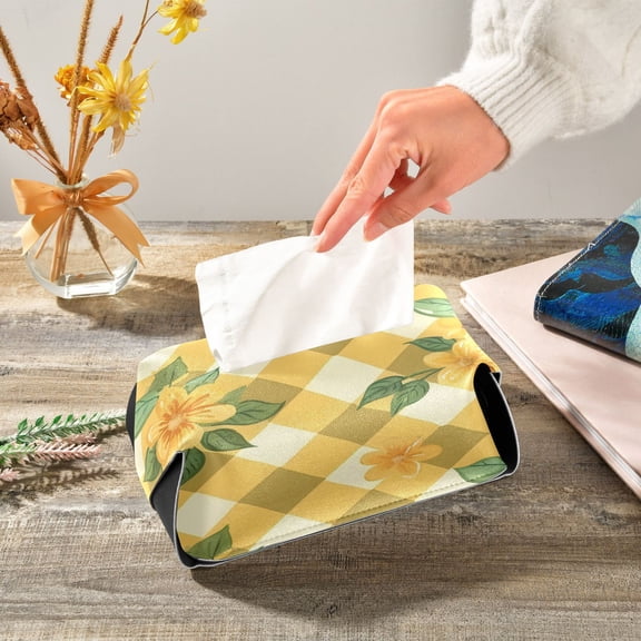 Yellow Checkerboard and Flower Leather Tissue Box Cover Rectangle Tissue Holder Foldable