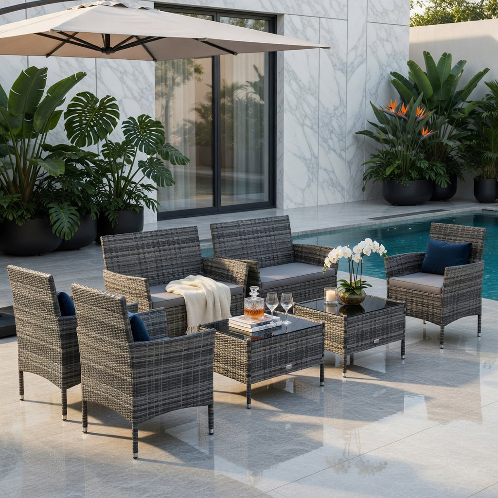 Hommoo 4-Piece Outdoor Rattan Conversation Set with Tempered Glass Coffee Table, PE Wicker, Gray