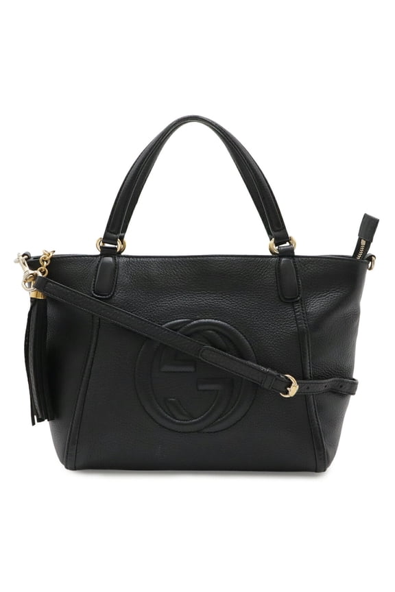 Pre-Owned GUCCI Soho Interlocking G Tote Bag Shoulder Tassel Leather Black 369176