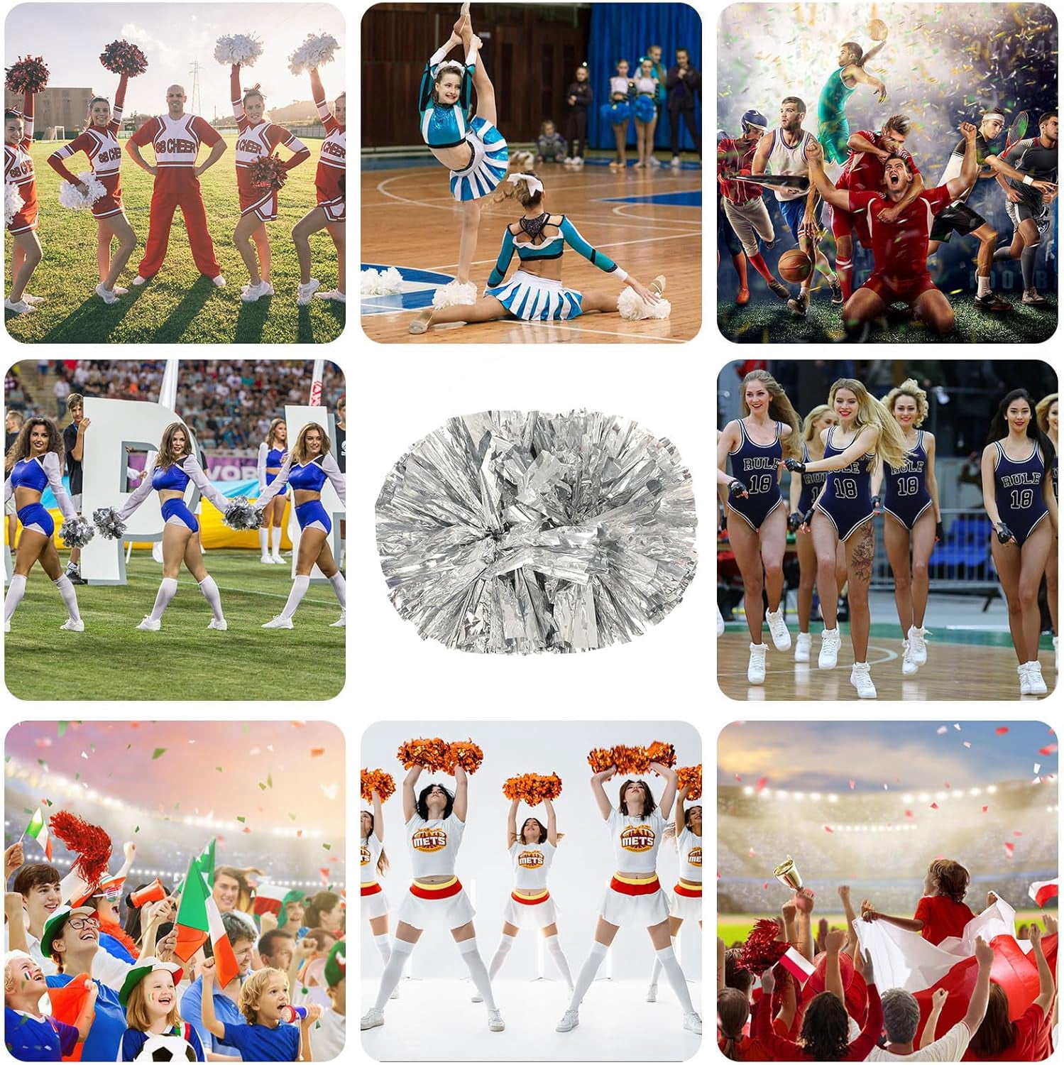 Cheerleader Pom Poms 24 Pack Sports Dance Cheering Plastic Metallic Cheerleading Pom Poms for Kids Adults.