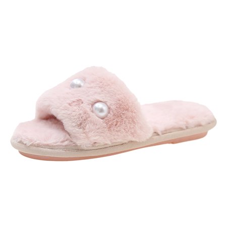 

bvgfsahne Womens Slipper Non Slip Large Size Fluffy Pearl Decoration Cotton Slippers Warm Slippers for Women