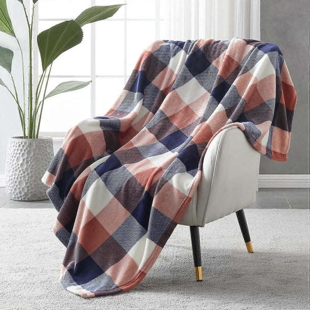 Buffalo Plaid Flannel Fleece Throw Blanket 60 x 80 Inches, Soft Lightweight Cozy All Season Coral Pink Checkered Blanket for Bed, Couch, Car