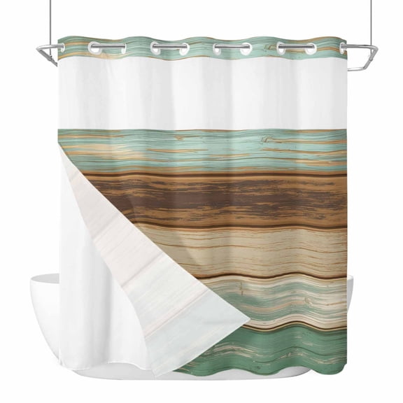 No Hook Shower Curtains with Snap-in Liner Set, Teal Brown Waterproof Hotel Style Bathroom Shower Curtain, Farmhouse Rustic Wooden Plank Board Breathable Mesh Top Window Bath Curtains 66''x72''