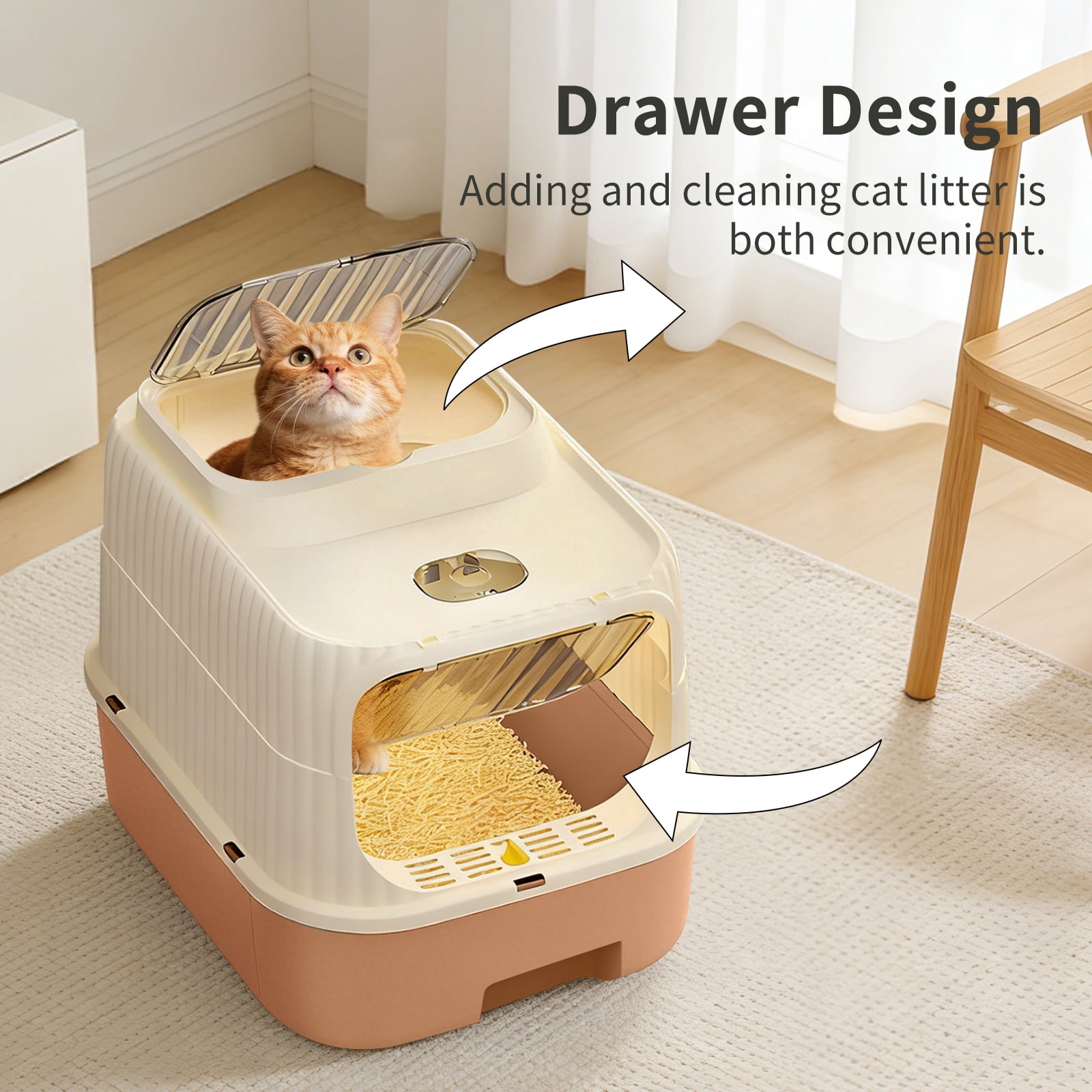 Cat Litter Box with Drawer, Enclosed Litter Tray for Cat, Rabbit, Anti Urine Leakage Easy to Clean (Orange)