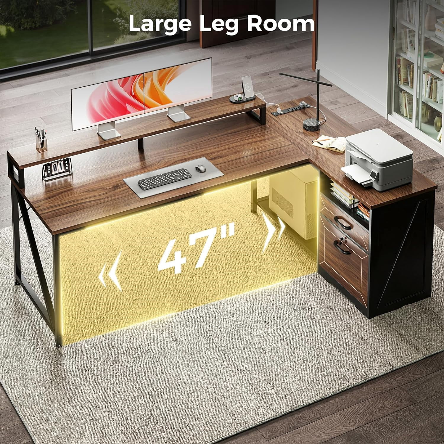 AODK 61 Inch L Shaped Desk with Drawers & lockable File Cabinet, Farmhouse Executive Office Desk with Led Lights & Power Outlet, Computer Desk with Storage Shelves,Monitor Stand and CPU Stand, Walnut