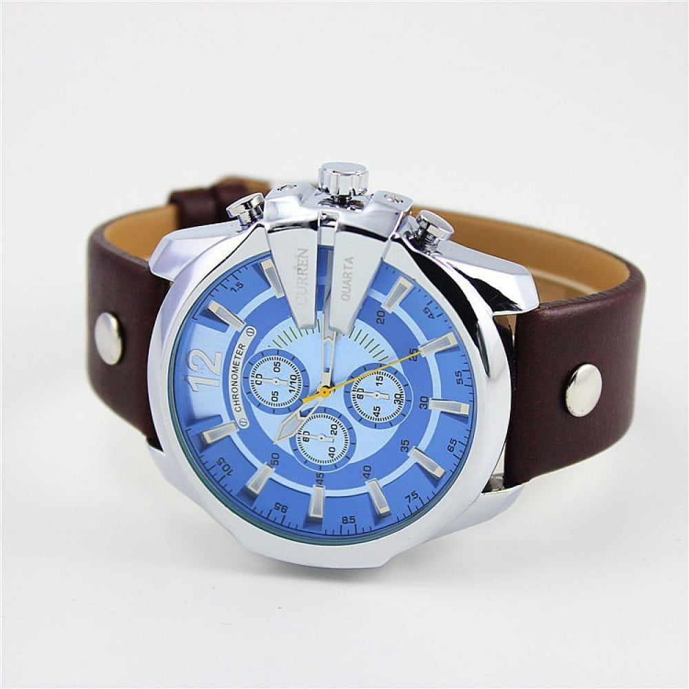 CURREN 8176 Men Ice Blue Luxury Chronograph Leather Analog Quartz