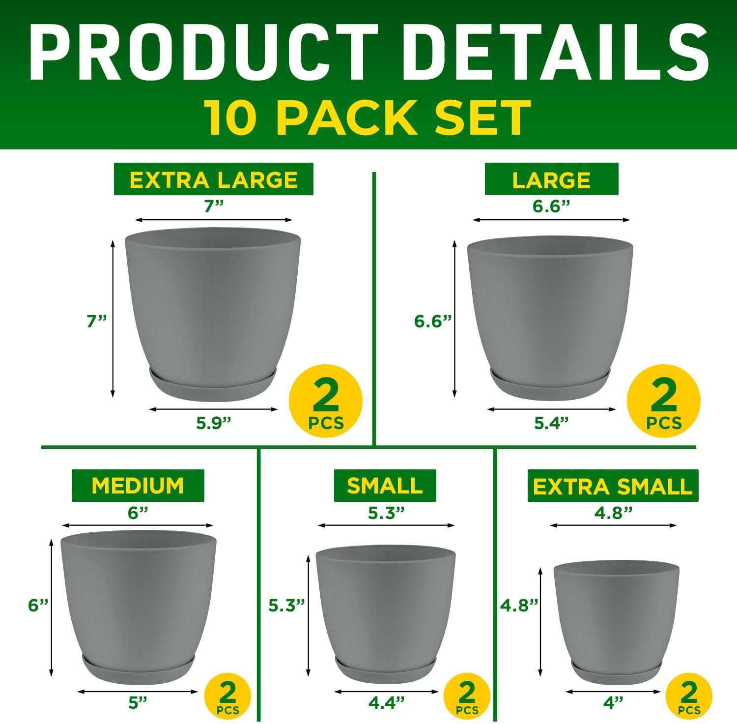 Lifemaster 10-Piece Gray Planter Pots with Drainage - Lightweight, Durable, Space-Saving Design for Indoor/Outdoor Use