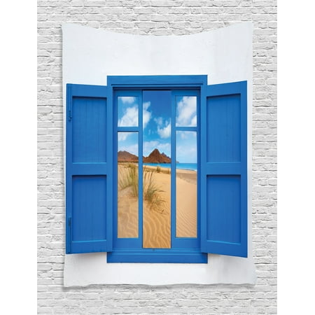 House Decor Wall Hanging Tapestry, Sand View From Window Of Spain Beach Distant Hill Plants Sand Touristic, Bedroom Living Room Dorm Accessories, By
