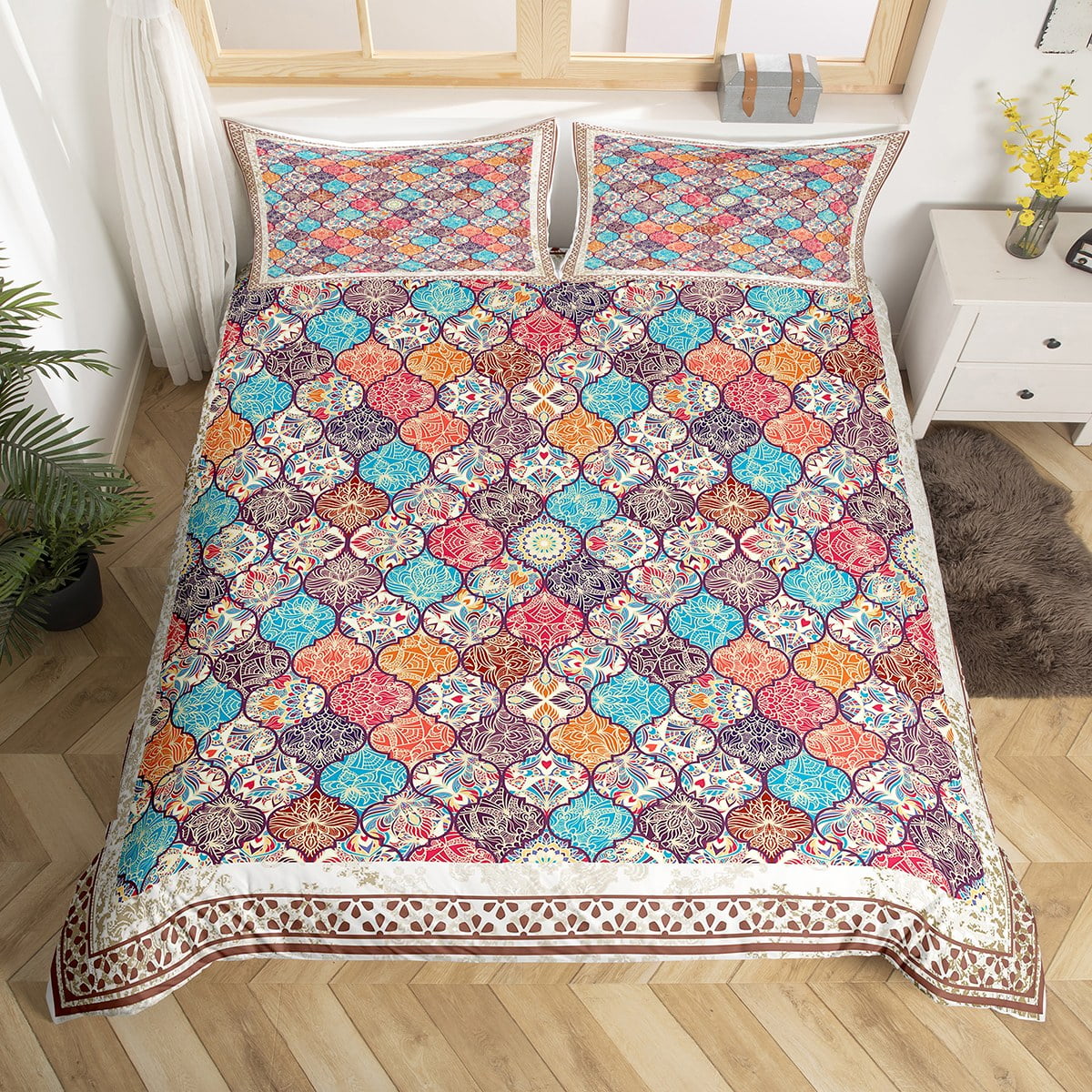 YST Moroccan Style Duvet Cover King Boho Damask Flower Bedding Set For