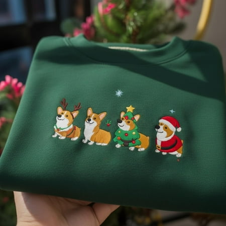 Corgi Dog Christmas Embroidered Sweatshirt Santa Hat Dog Hoodie Cute Xmas Pet Lover Gift Funny Dog Mom Crewneck Sweater Corgi Tee