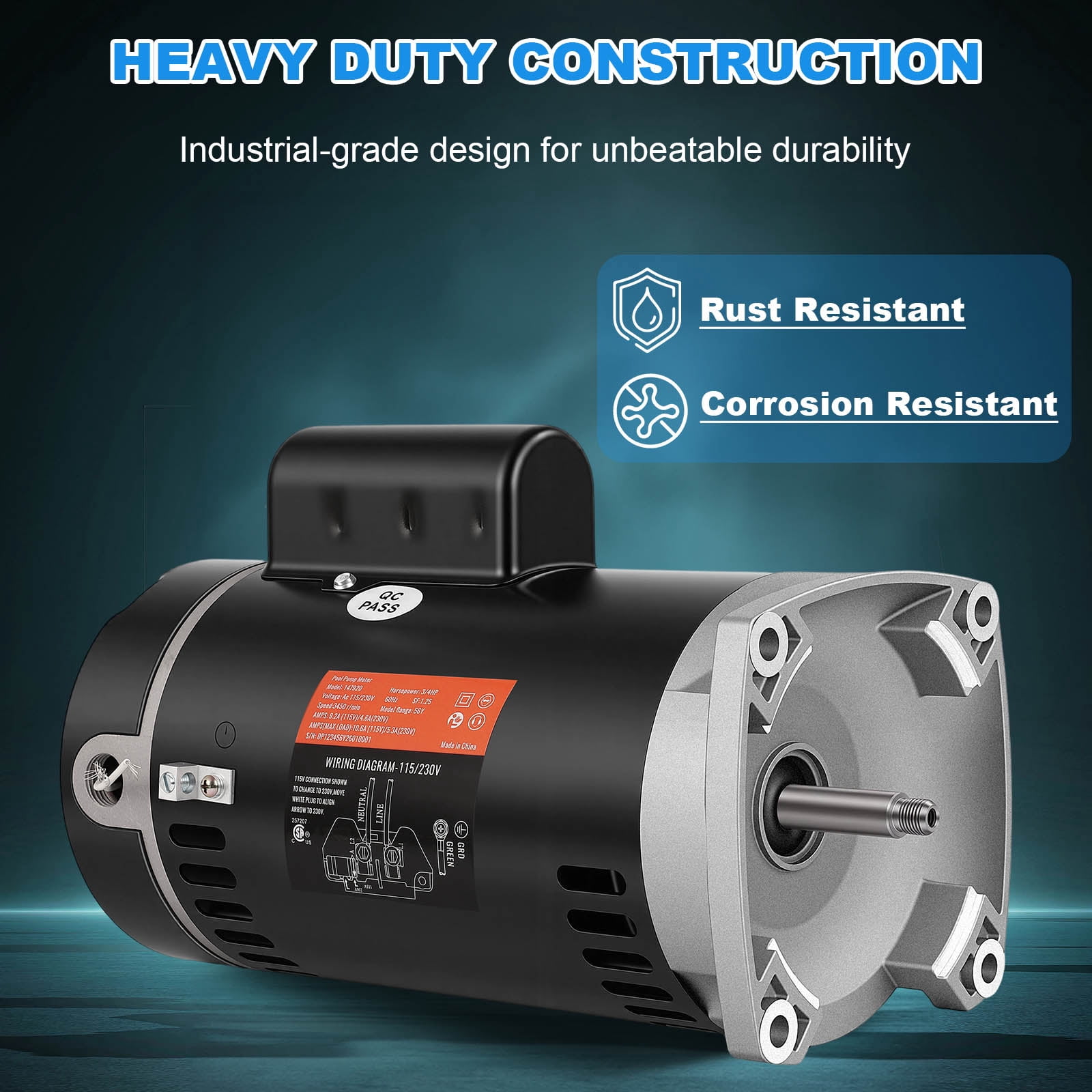 B2852 3/4 HP Pool Pump Motor, 56Y Frame Swimming Pool Pump Motor, 115/230V, 3450 RPM, 303 Stainless Steel Shaft, Replacement Motor for Outdoor/Indoor Swimming Pool