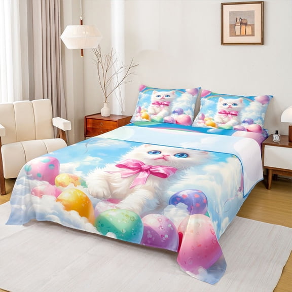 Castle Fairy Kawaii Bow Cat Girl Twin Sheet Sets,Happy Easter Eggs Bedding
