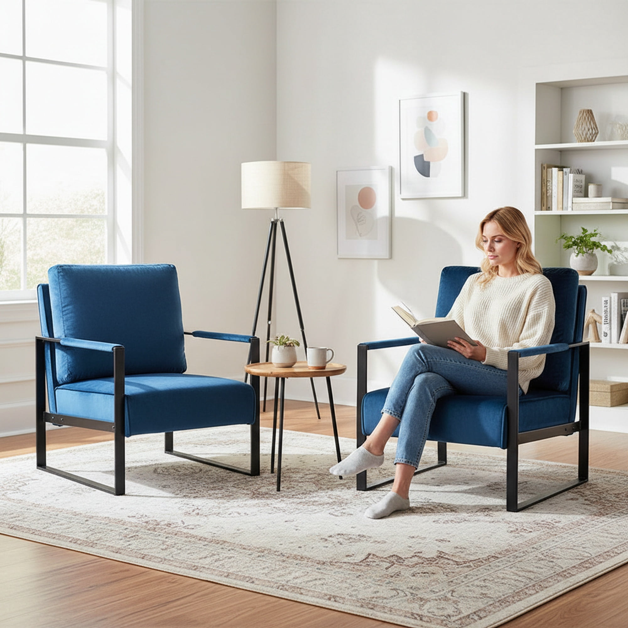 MOONMISS Mid-Century Modern Accent Chair,Black Square Metal Frame with Thick Cushion,Blue Velvet