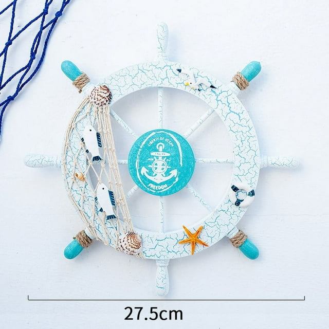 Playa Náutica Barco De Madera Volante Red De Pesca Concha Decoración De La Pared Del Hogar Blanco - Pez