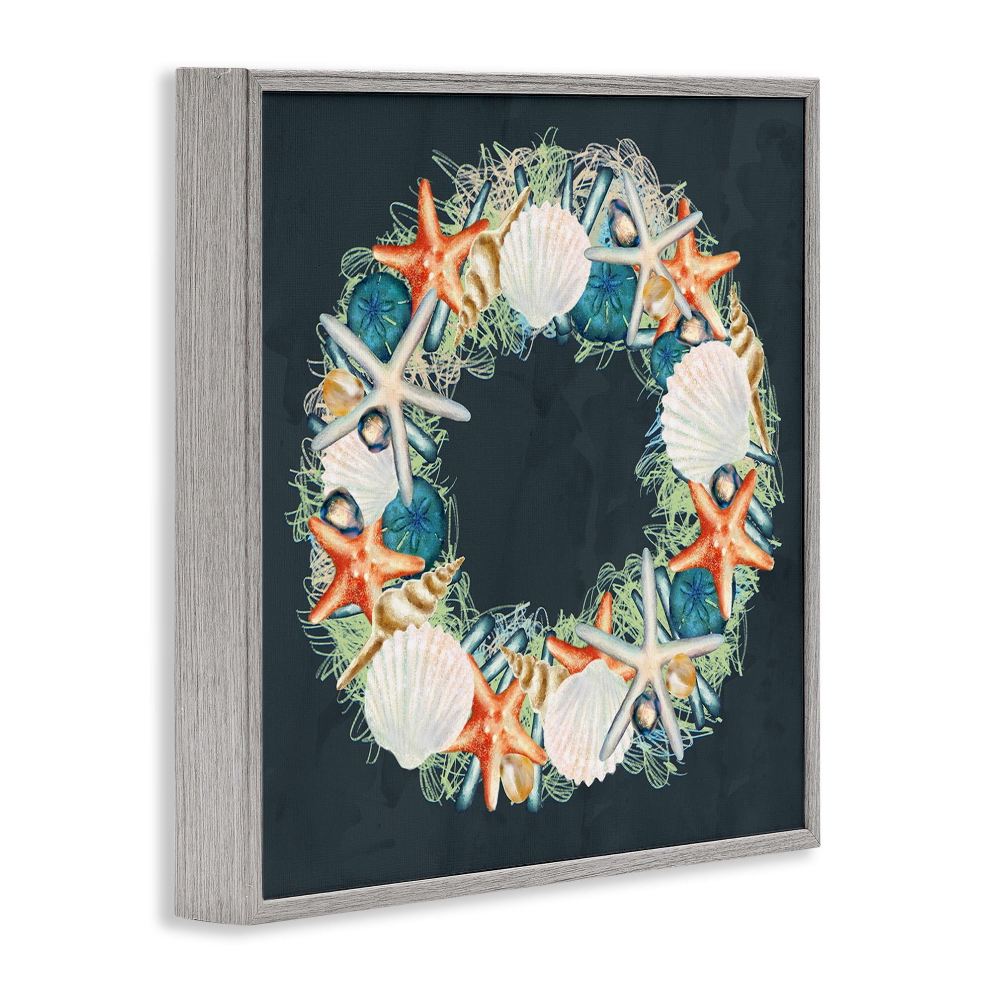 Stupell Industries Starfish and Nautical Seashell Wreath Animals & Insects Painting Gray Framed Art Print Wall Art, 17 x 17