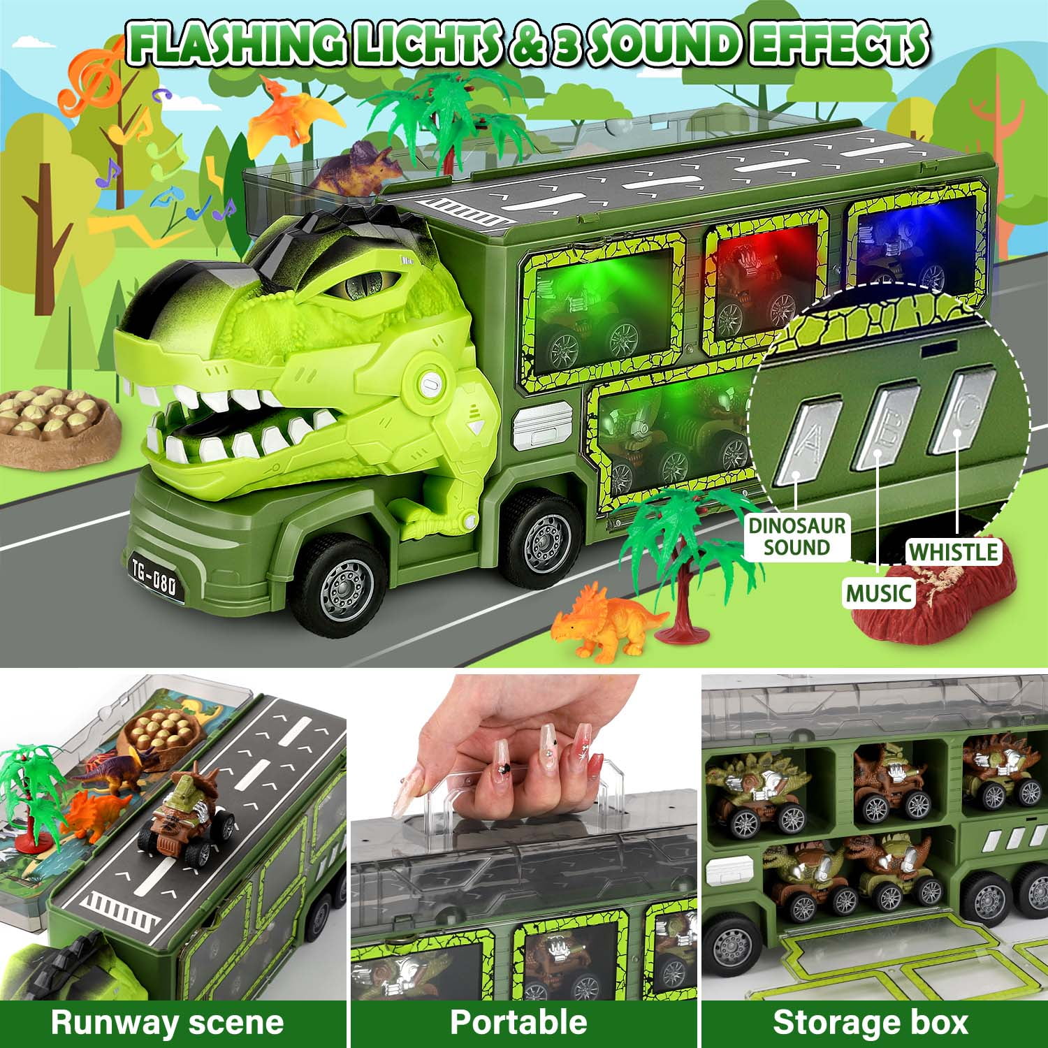 Ayieyill Dinosaur Truck Toys for Boys 3-6 Years, Dinosaur Truck Carrier -Tyrannosaurus Transport Car Carrier Truck with Lights, Music and Sounds, Dinosaur Play Sets for Boys Girls