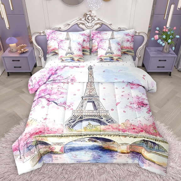 Homewish Paris Eiffel Tower Twin Bedding Sets 7-Piece for Teen, Pink Cherry Blossoms Bedding Comforter Set, Chic Watercolor Reversible Sheet Sets, Breathable Home Decor