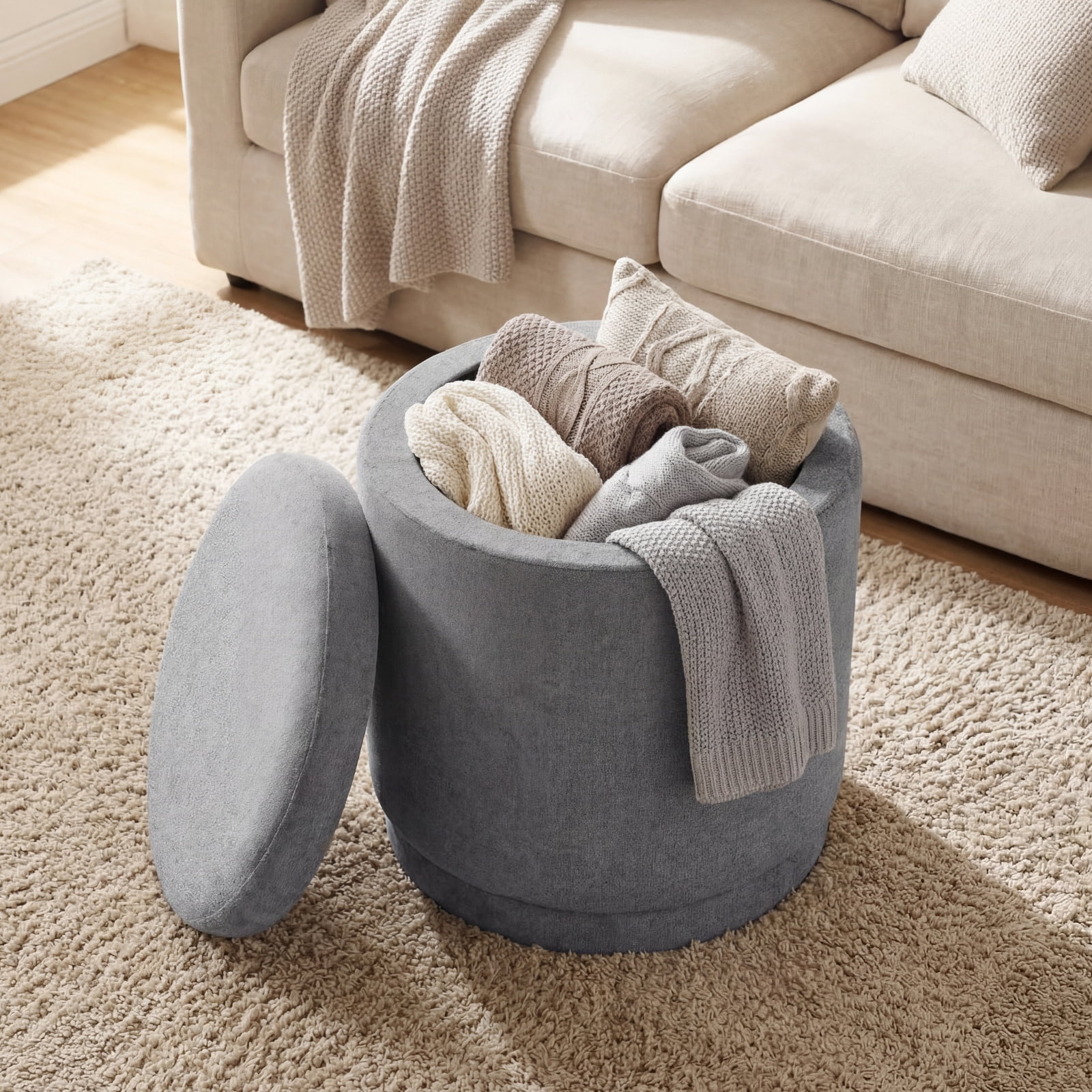 Costway Round Storage Ottoman Foot Rest with Removable Lid 400 LBS Weight Capacity for Home Gray