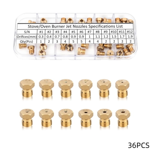 Range Stove Oven Orifice Conversion Kit,Brass Propane Lp Natural Gas Jet Burner Nozzle Replacement Parts M6x0.75mm Gas pray Tip 0.3/0.4/0.7/0.8/0.9/1.0/1.1/1.2/1.5/1.7/1.9mm (36PCS)