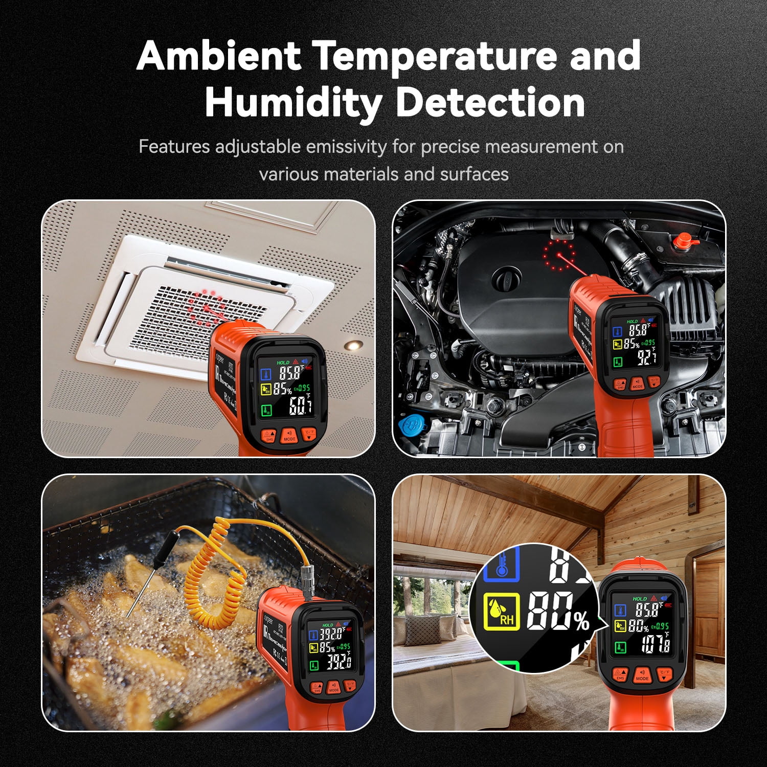 50:1 Infrared Thermometer Gun -58°F to 2732°F with K-Type Probe, High-Temp Laser ，Humidity Display