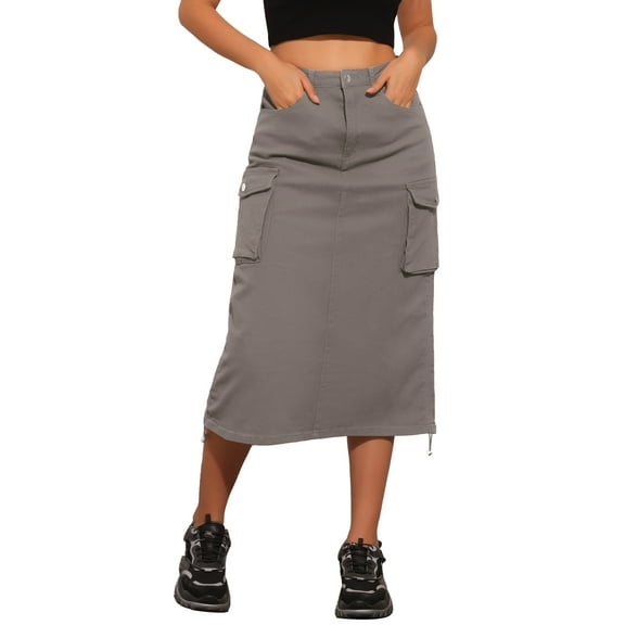 DARING DIVA Women's Y2K Adjustable Casual A-Line Midi Jean Skirt XL Grey