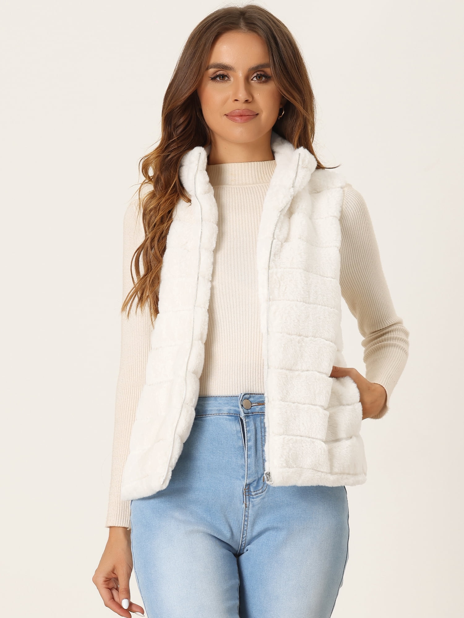 DARING DIVA Women's Stand Collar Fluffy Vest Faux Fur Sleeveless Coat L White