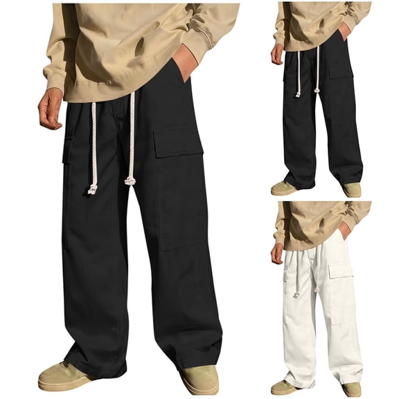 FRSASU Men's Stand Pocket Elegant Straight Leg Pants Solid White Drawstring Trouser Hommes Fashion Basic Cargo Pants White