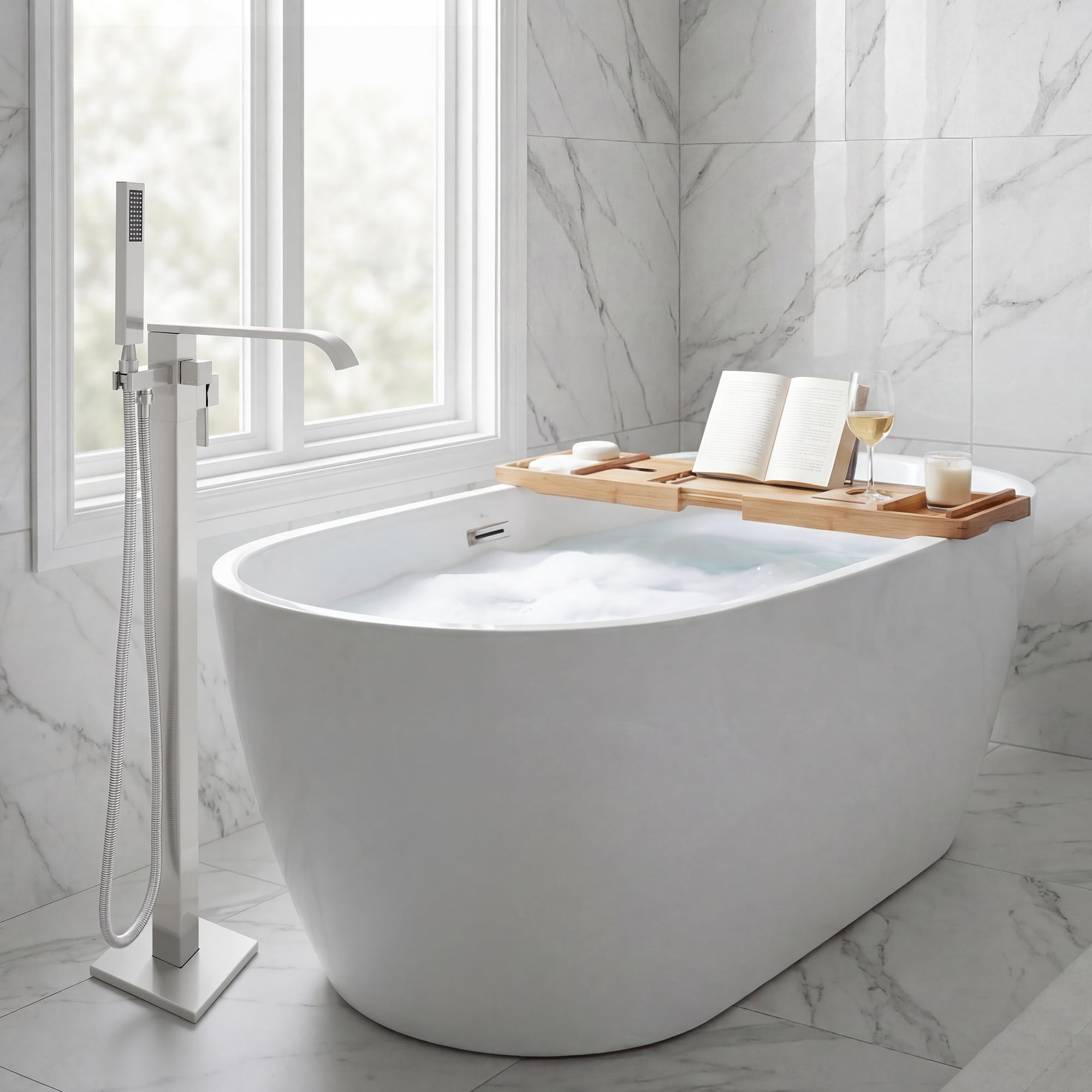 Free Standing Tub Faucet, High Flow Freestanding Bathtub Faucet with Waterfall Spout & Handheld Shower, 360°Swivel Tub Filler, Brass Body, Brushed Nickel