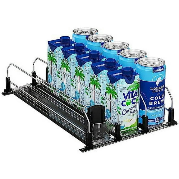 Puricon Drink Organizer for Fridge Pusher Glide, Spring Loaded Fridge Drink Dispenser, Self Pushing Soda Can Organizer for Refrigerator, Beer Bottle Beverage Organizer Drink Holder -3 Rows, Black