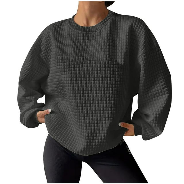 Pisexur Chandail en Molleton pour Femmes Décontracté Ample Automne Chandails en Molleton pour Femmes Couleur Unie Col Rond Chandail en Molleton Manches Longues Chemises pour Femmes Mode Chandail en Molleton Texturé Chandail Tops