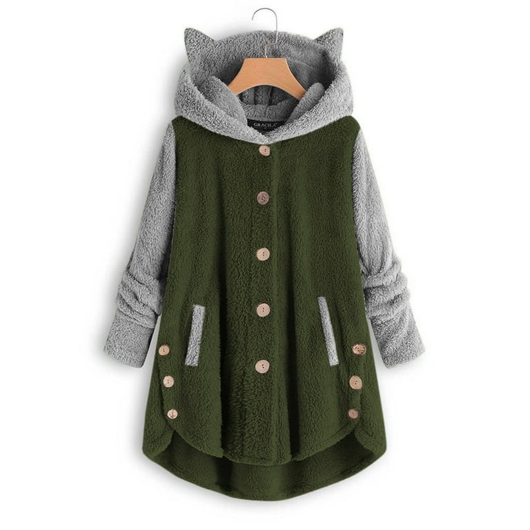 Frostluinai Fleece Jacket For Women Cat Hoodie With Ears Button Down Cardigan Pullover Hoodie Fleece Hooded Sweatshirt Cat Ear Irregular Long Sleeve