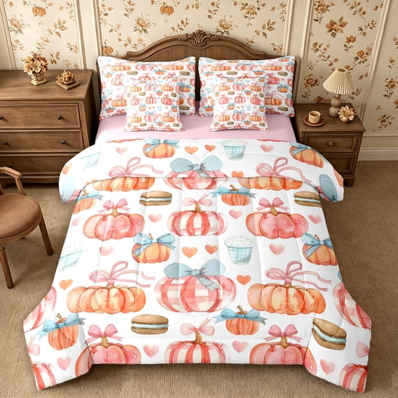 Erosebridal Pumpkin Sweets 7-Piece Twin Bedding,Cute Fall Bedding Comforter Set,Light Blue,Reversible