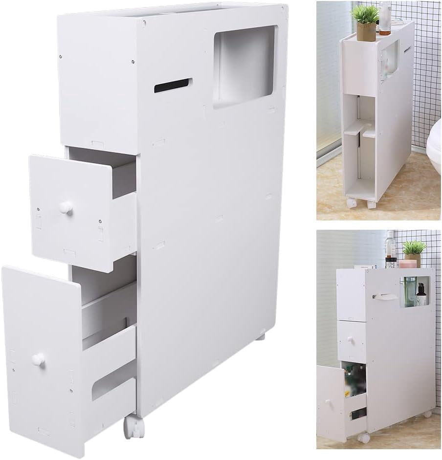 Toilet Slim Bathroom Storage Cabinet with Wheels,2 Drawers Narrow Floor Cabinets for Bathroom,White