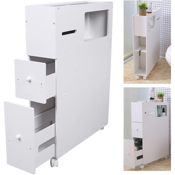 Miumaeov Small Bathroom Storage Cabinet Narrow Organizer with 2 Drawer & Wheels, Slim Toilet Paper Storage Cabinet Corner Floor Cupboard