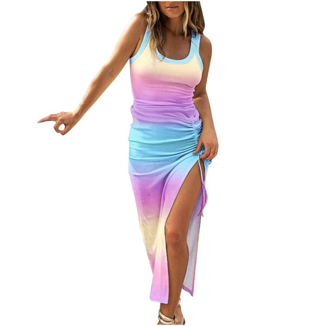 QIPOPIQ Women's High Split Sleeveless Square Neck Gradient Bodycon Long Tank Dress Thigh Drawstring Split Midi Dress