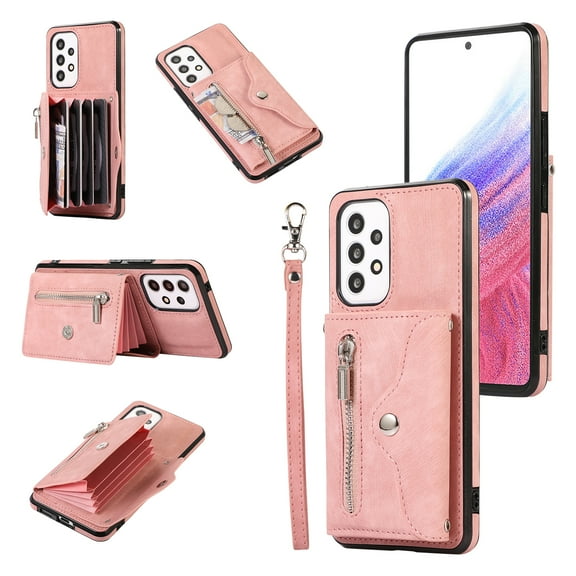 RFID BLOCKING Wallet Case for Samsung Galaxy A52 4G/5G with Card Holder, Zipper Pocket Kickstand Function Shockproof Purse Phone Cover with Removable Shoulder Strap & Wrist Strap, Rosegold