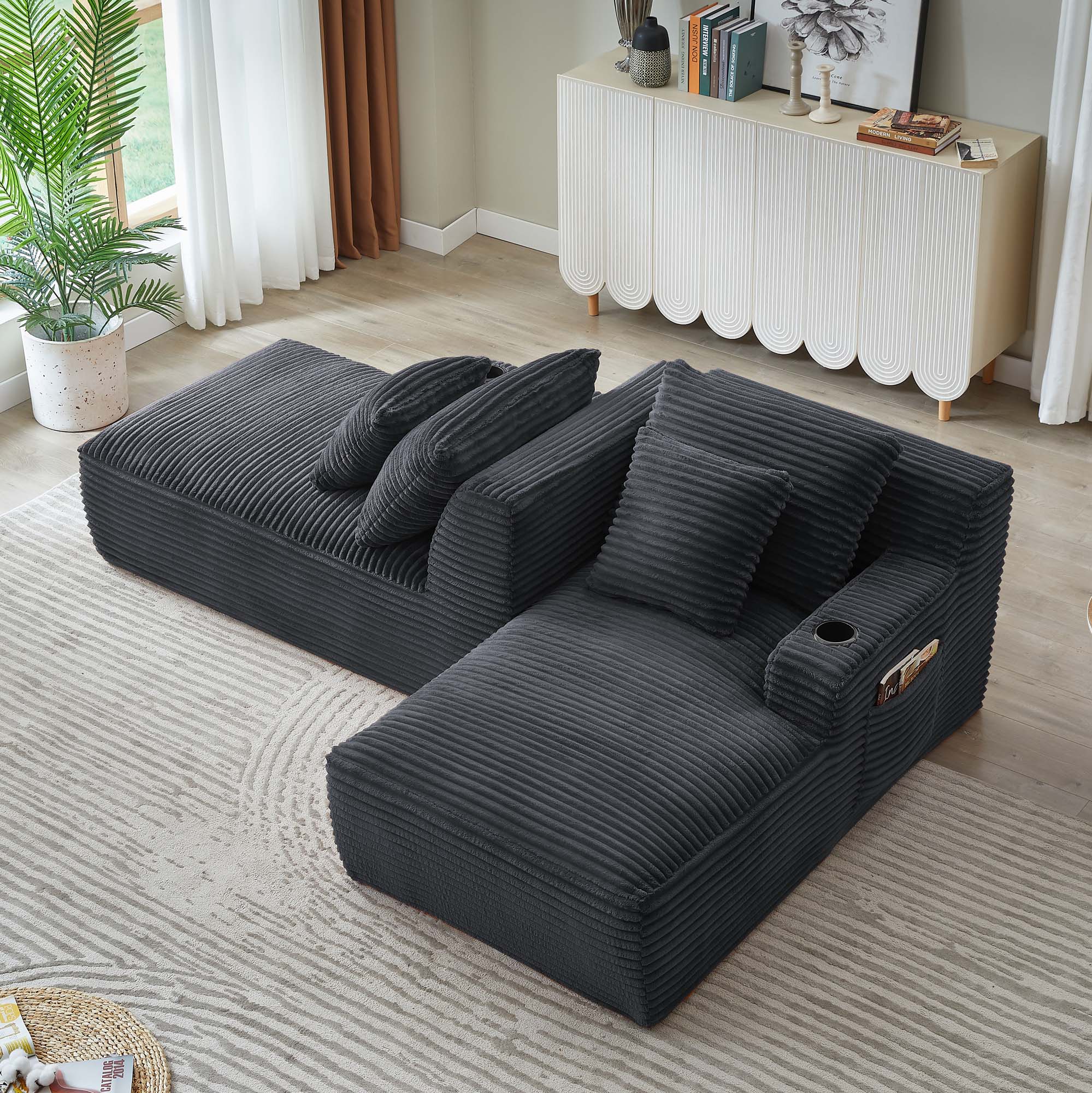 Miniyam Dark Grey Compressible Double Chaise Lounge with Cupholders - No Assembly Required, Fluffy Modern Sleeper Loveseat for Indoor Living Room Bedroom