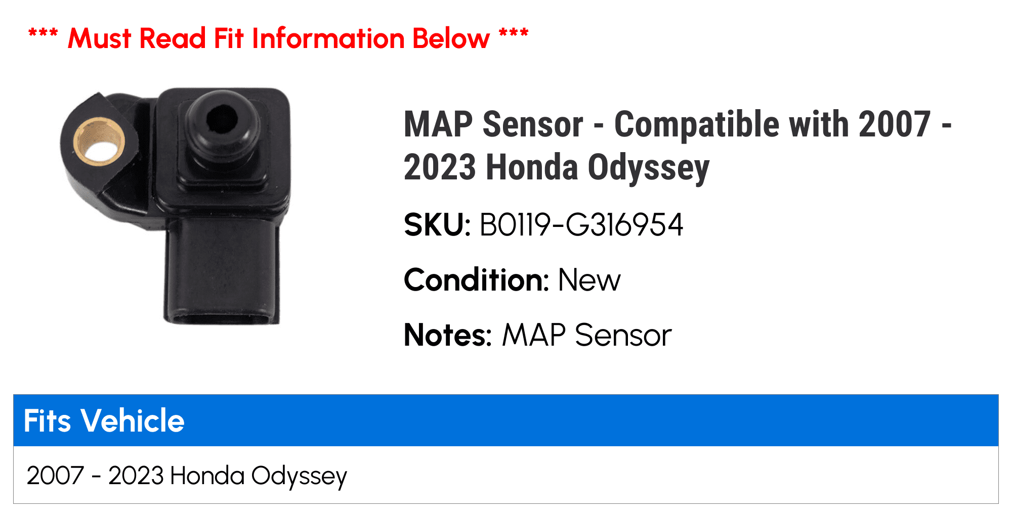MAP Sensor - Compatible with 2007 - 2023 Honda Odyssey 2008 2009 2010 2011 2012 2013 2014 2015 2016 2017 2018 2019 2020 2021 2022