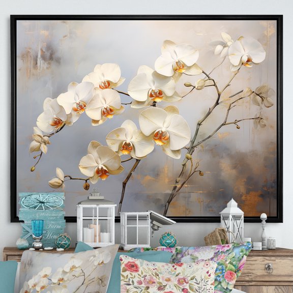 Designart "Minimalist Beige And Gold Orchids III" Orchids Floater Framed Wall Art Prints