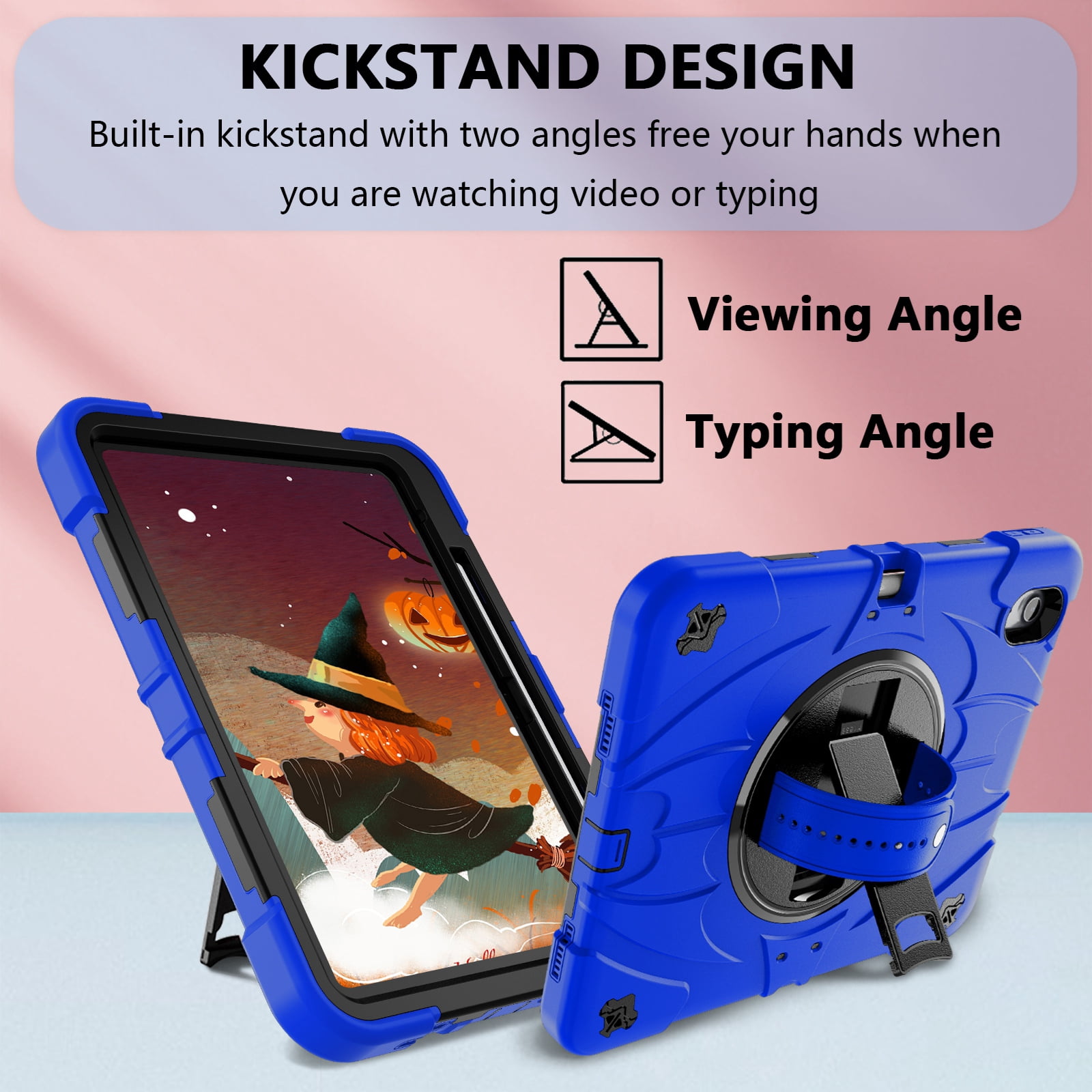 ELEHOLD Case for Apple iPad 10th Gen, Heavy Duty Shockproof Case with Pencil Holder/Stand/Hand Strap/Shoulder Belt, Rugged Protective Cover for Boys Girls,Blue